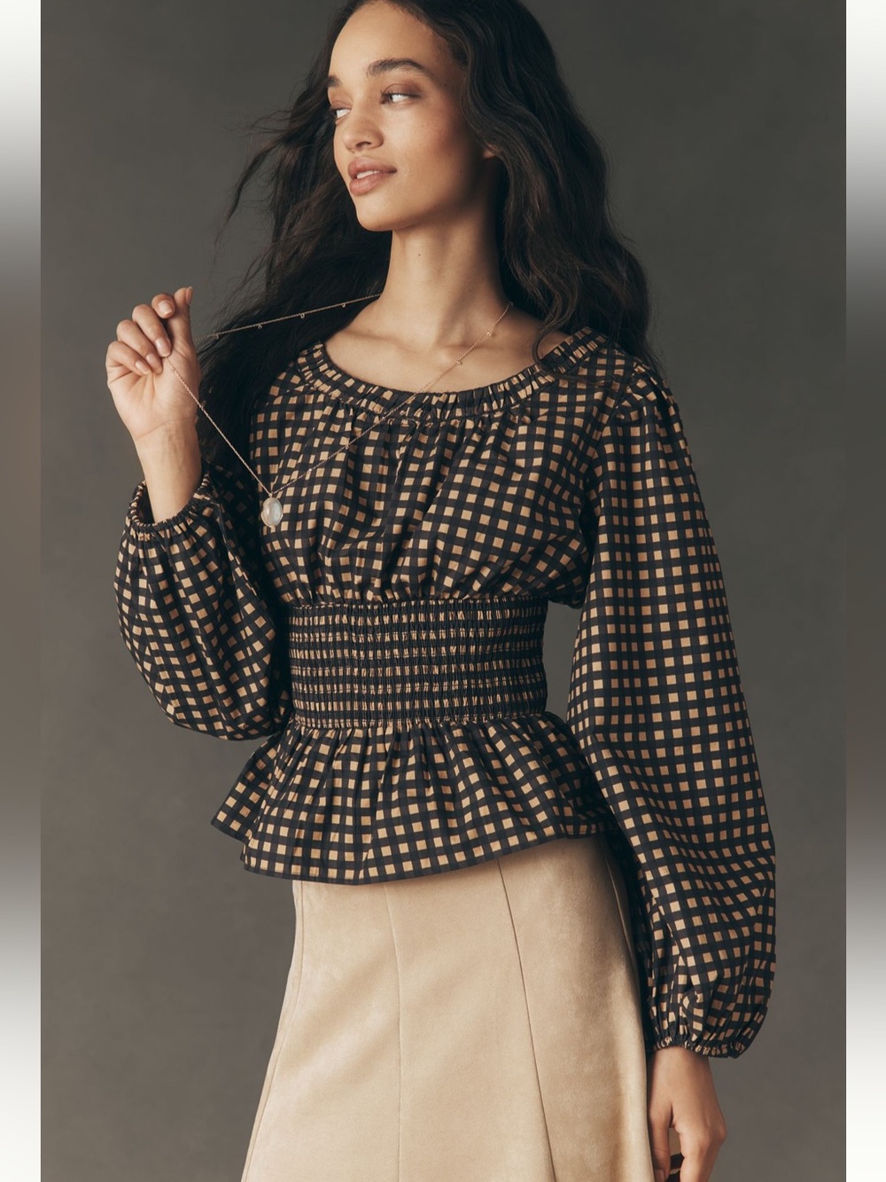 Anthropologie Coquette Smocked Peplum Peasant Top NWT XXS Tan Black Plaid Check
